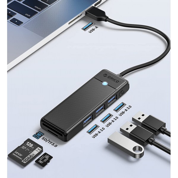 ORICO USB hub PAPW3AT-U3 με card reader, 5x θυρών, 5Gbps, USB, μαύρο