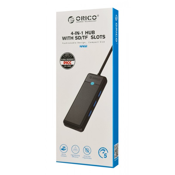 ORICO USB hub PAPW3AT-U3 με card reader, 5x θυρών, 5Gbps, USB, μαύρο