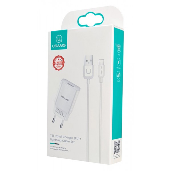 USAMS φορτιστής τοίχου T21OCLN01 με καλώδιο Lightning, USB 2.1A, λευκός USAMS φορτιστής τοίχου T21OCLN01 με καλώδιο Lightning, USB 2.1A, λευκός