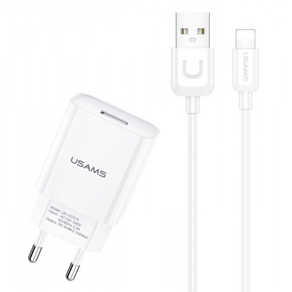 USAMS φορτιστής τοίχου T21OCLN01 με καλώδιο Lightning, USB 2.1A, λευκός USAMS φορτιστής τοίχου T21OCLN01 με καλώδιο Lightning, USB 2.1A, λευκός