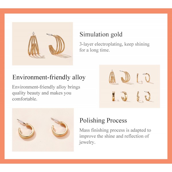 ROXXANI σετ σκουλαρίκια κρίκοι AIE066, 4 σχέδια, χρυσό ROXXANI σετ σκουλαρίκια κρίκοι AIE066, 4 σχέδια, χρυσό