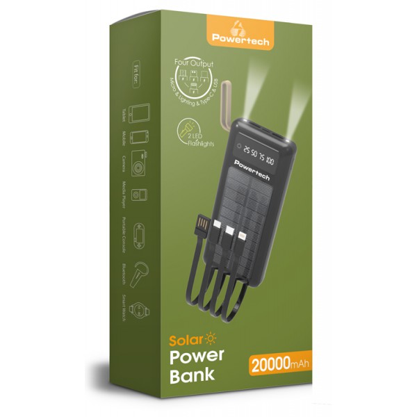 POWERTECH ηλιακό power bank PT-1084 με καλώδια & οθόνη, 20000mAh, μαύρο POWERTECH ηλιακό power bank PT-1084 με καλώδια & οθόνη, 20000mAh, μαύρο