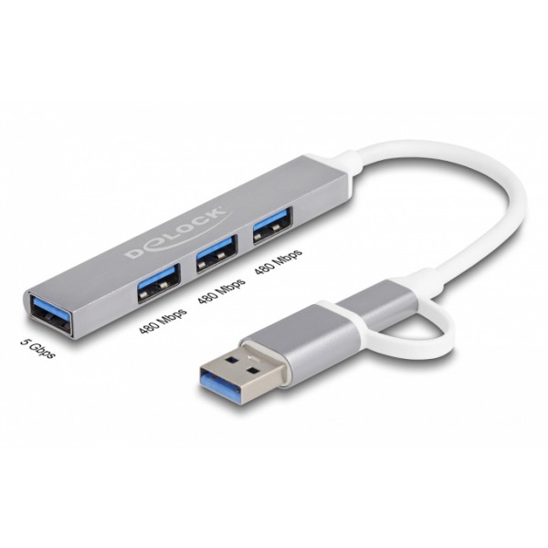 DELOCK USB hub 64214, 4x θυρών, 5Gbps, USB & USB-C σύνδεση, γκρι