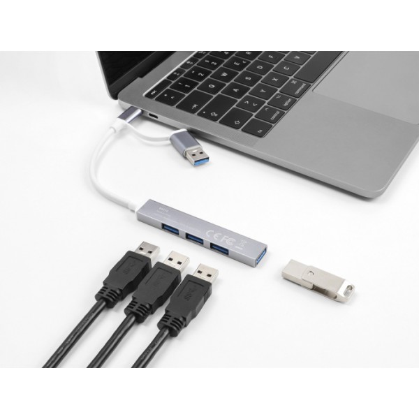 DELOCK USB hub 64214, 4x θυρών, 5Gbps, USB & USB-C σύνδεση, γκρι