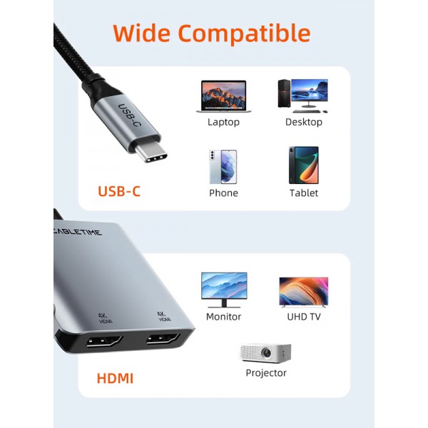 CABLETIME docking station CT-CM2H4K-AG, 4 θυρών, USB-C, 4K, 100W, γκρι CABLETIME docking station CT-CM2H4K-AG, 4 θυρών, USB-C, 4K, 100W, γκρι