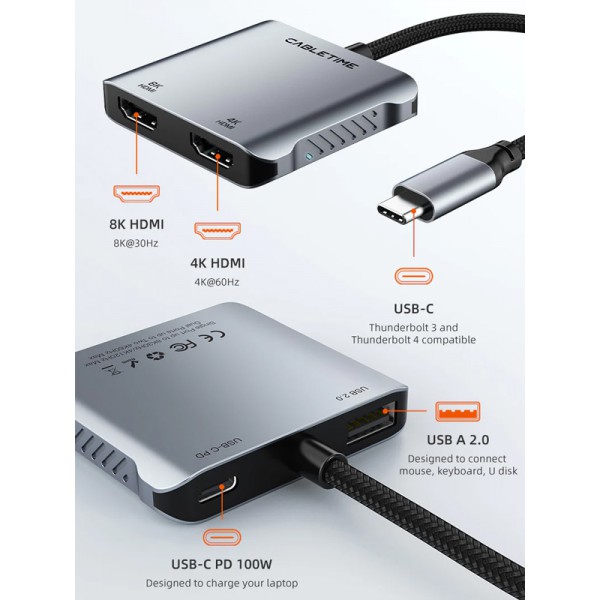 CABLETIME docking station CT-CM2H8K-AG, 4 θυρών, USB-C, 8K, 100W, γκρι CABLETIME docking station CT-CM2H8K-AG, 4 θυρών, USB-C, 8K, 100W, γκρι