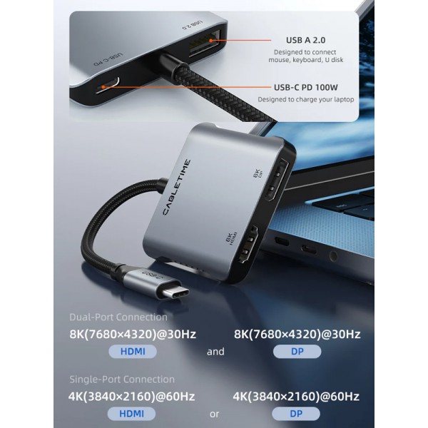 CABLETIME docking station CT-CMDH8K-AG, 4 θυρών, USB-C, 8K, 100W, γκρι CABLETIME docking station CT-CMDH8K-AG, 4 θυρών, USB-C, 8K, 100W, γκρι