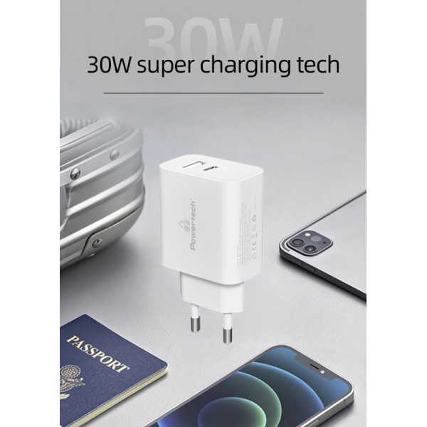 POWERTECH φορτιστής τοίχου PT-1044, USB & USB-C, PD QC3.0, 30W, λευκός POWERTECH φορτιστής τοίχου PT-1044, USB & USB-C, PD QC3.0, 30W, λευκός