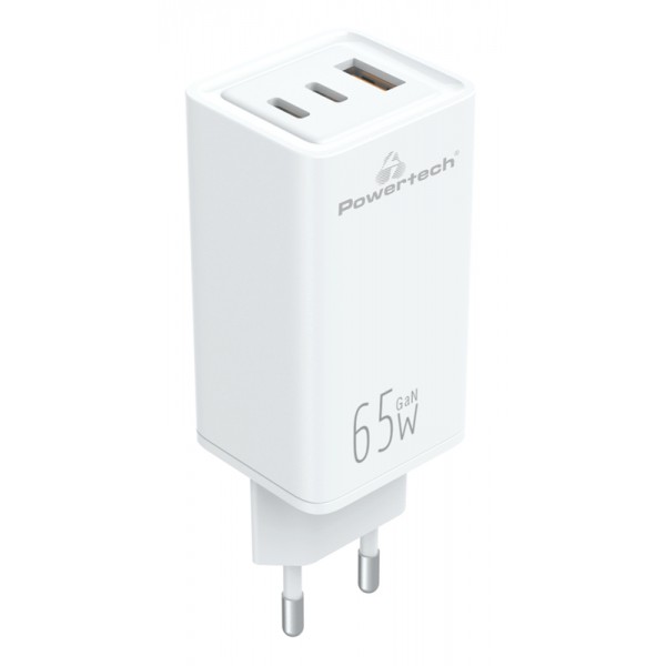 POWERTECH φορτιστής τοίχου PT-1094, USB & 2x USB-C, 65W, GaN, λευκός POWERTECH φορτιστής τοίχου PT-1094, USB & 2x USB-C, 65W, GaN, λευκός