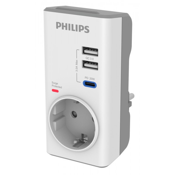 PHILIPS αντάπτορας ρεύματος CHP8010W/10, 1 θέση, USB-C/USB, 380J, λευκός PHILIPS αντάπτορας ρεύματος CHP8010W/10, 1 θέση, USB-C/USB, 380J, λευκός