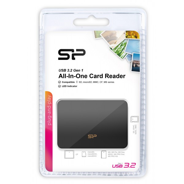 SILICON POWER card reader U3 για SD/microSD/MMC/CF/MS, USB 3.2, μαύρο SILICON POWER card reader U3 για SD/microSD/MMC/CF/MS, USB 3.2, μαύρο
