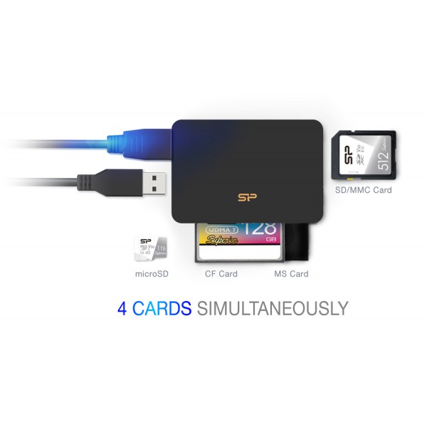 SILICON POWER card reader U3 για SD/microSD/MMC/CF/MS, USB 3.2, μαύρο SILICON POWER card reader U3 για SD/microSD/MMC/CF/MS, USB 3.2, μαύρο