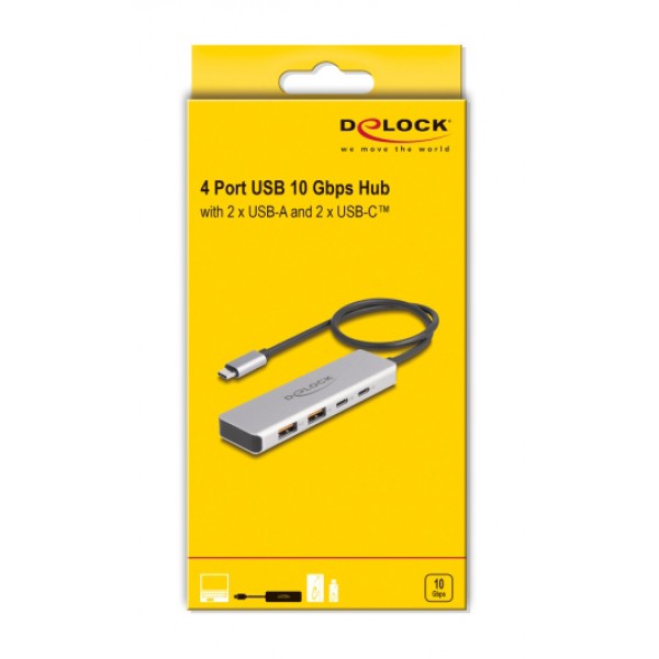 DELOCK USB hub 64230, 4x θυρών, 10Gbps, USB-C σύνδεση, γκρι DELOCK USB hub 64230, 4x θυρών, 10Gbps, USB-C σύνδεση, γκρι