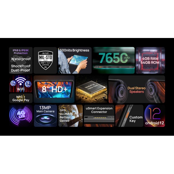 ULEFONE tablet Armor Pad, 8", 4/64GB, 7650mAh, IP68/IP69K, 4G, μαύρο ULEFONE tablet Armor Pad, 8", 4/64GB, 7650mAh, IP68/IP69K, 4G, μαύρο