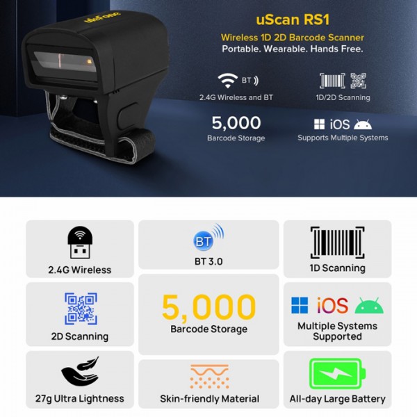 ULEFONE barcode scanner uScan RS1, ασύρματο 2.4G/Bluetooth, 1D/2D, μαύρο ULEFONE barcode scanner uScan RS1, ασύρματο 2.4G/Bluetooth, 1D/2D, μαύρο