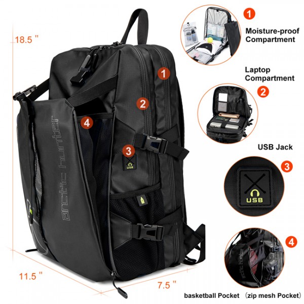 ARCTIC HUNTER τσάντα πλάτης B00391 με θήκη μπάλας & laptop, 26L, μαύρη ARCTIC HUNTER τσάντα πλάτης B00391 με θήκη μπάλας & laptop, 26L, μαύρη