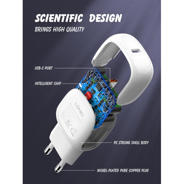 LDNIO φορτιστής τοίχου A1206C με καλώδιο USB-C, 1x USB-C, 27W PD, λευκός LDNIO φορτιστής τοίχου A1206C με καλώδιο USB-C, 1x USB-C, 27W PD, λευκός