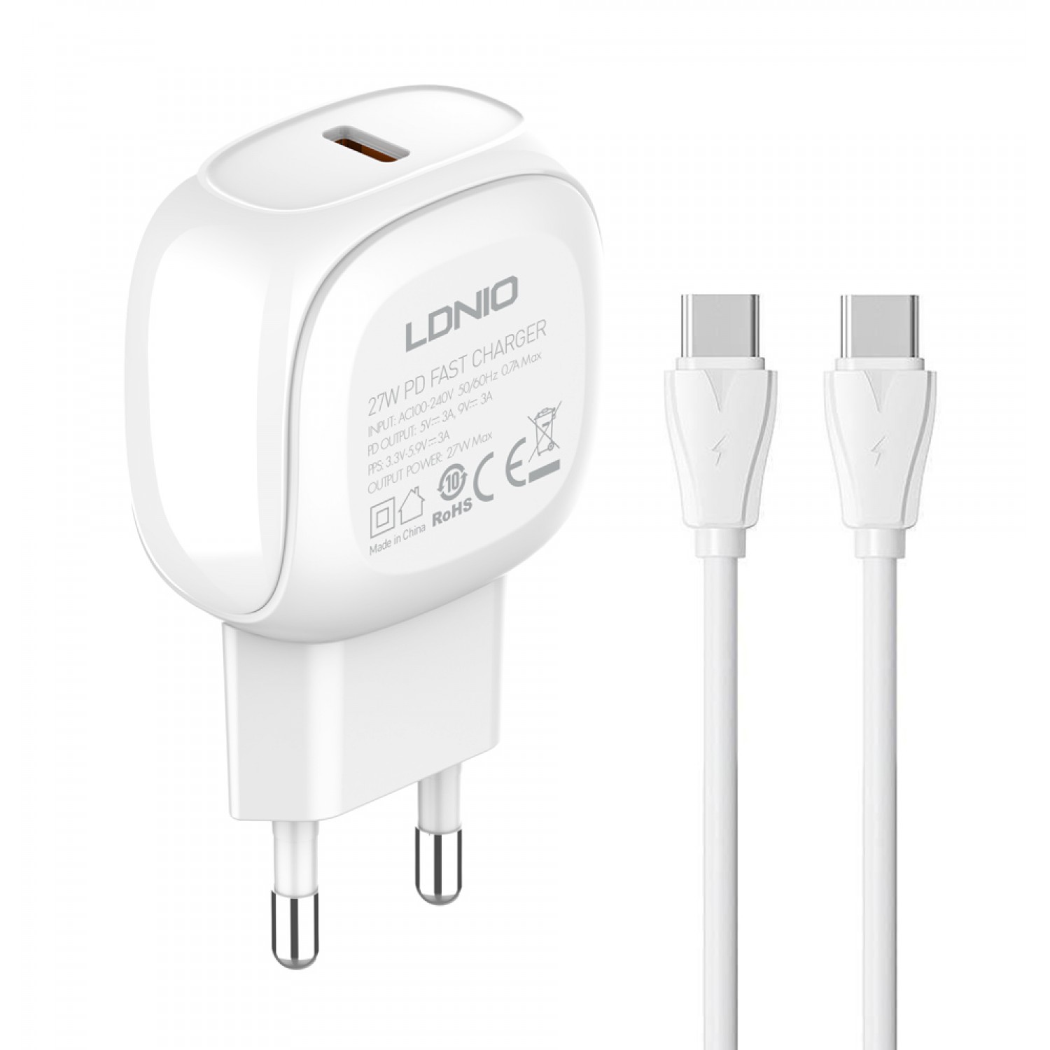LDNIO φορτιστής τοίχου A1206C με καλώδιο USB-C, 1x USB-C, 27W PD, λευκός LDNIO φορτιστής τοίχου A1206C με καλώδιο USB-C, 1x USB-C, 27W PD, λευκός
