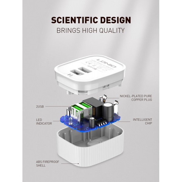 LDNIO φορτιστής τοίχου A201 με καλώδιο USB-C, 2x USB, 12W, λευκός LDNIO φορτιστής τοίχου A201 με καλώδιο USB-C, 2x USB, 12W, λευκός