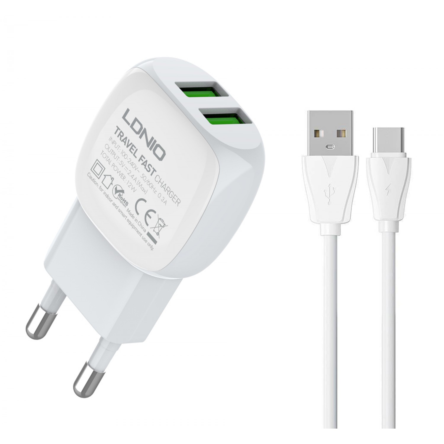 LDNIO φορτιστής τοίχου A2218 με καλώδιο USB-C, 2x USB, 12W, λευκός LDNIO φορτιστής τοίχου A2218 με καλώδιο USB-C, 2x USB, 12W, λευκός