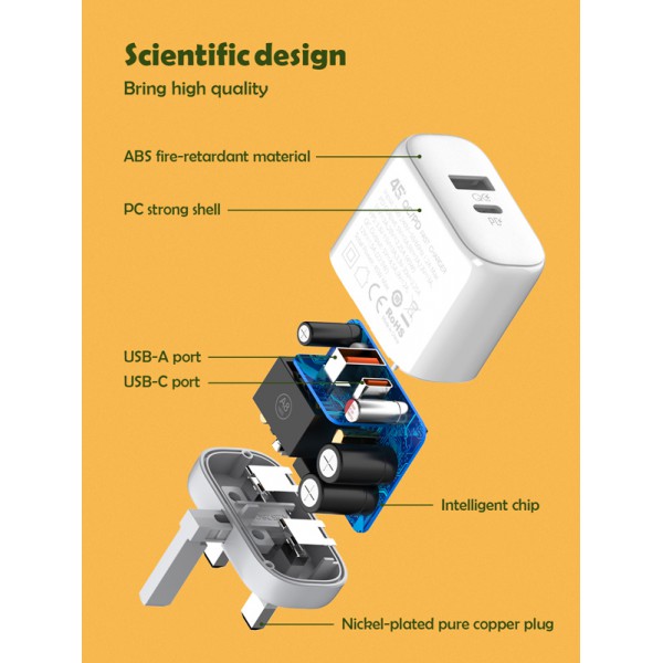 LDNIO φορτιστής τοίχου A2526C με καλώδιο, USB & USB-C, 45W PD, λευκός