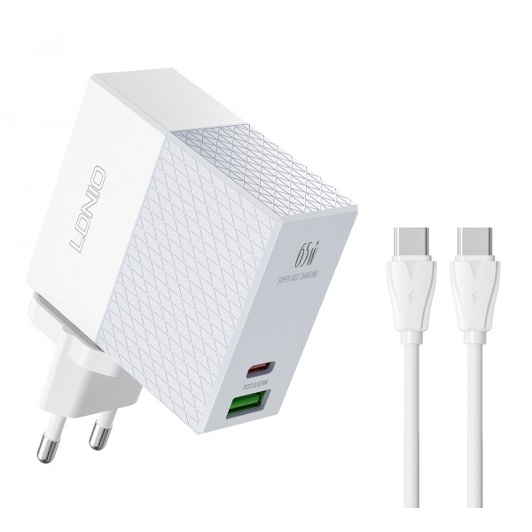 LDNIO φορτιστής τοίχου A2620C με καλώδιο, USB & USB-C, 65W PD, λευκός LDNIO φορτιστής τοίχου A2620C με καλώδιο, USB & USB-C, 65W PD, λευκός