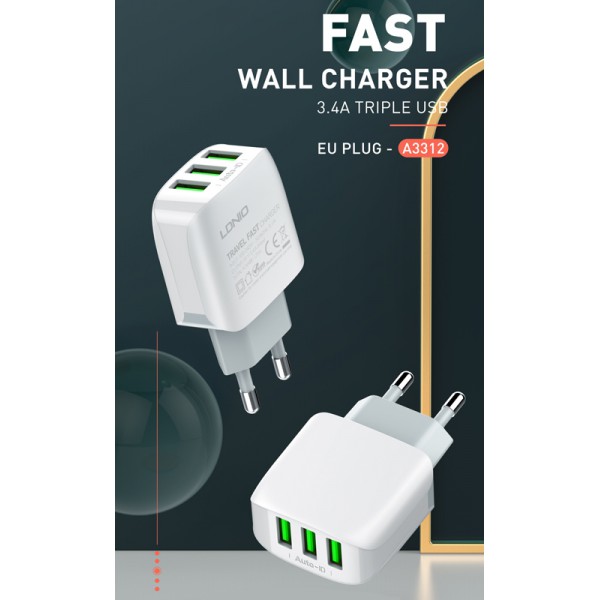 LDNIO φορτιστής τοίχου A3312 με καλώδιο USB-C, 3x USB, 17W, λευκός LDNIO φορτιστής τοίχου A3312 με καλώδιο USB-C, 3x USB, 17W, λευκός