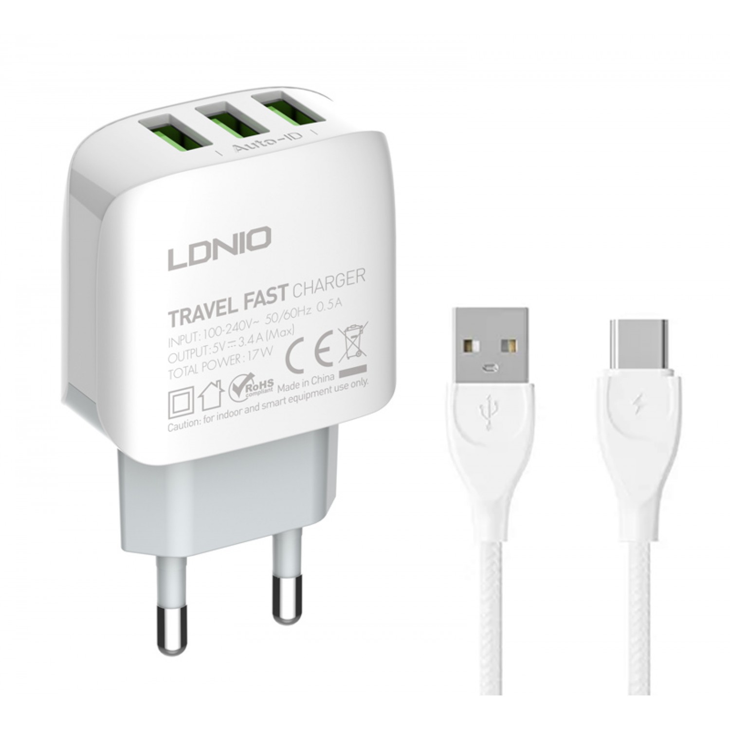 LDNIO φορτιστής τοίχου A3312 με καλώδιο USB-C, 3x USB, 17W, λευκός LDNIO φορτιστής τοίχου A3312 με καλώδιο USB-C, 3x USB, 17W, λευκός