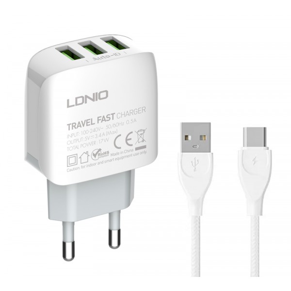 LDNIO φορτιστής τοίχου A3312 με καλώδιο USB-C, 3x USB, 17W, λευκός LDNIO φορτιστής τοίχου A3312 με καλώδιο USB-C, 3x USB, 17W, λευκός