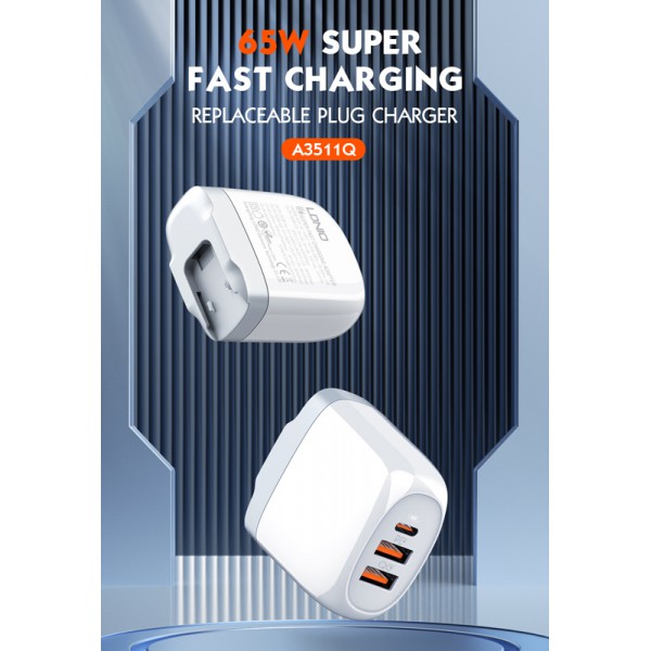 LDNIO φορτιστής τοίχου A3511Q με καλώδιο, USB-C/2x USB, 65W, GaN, λευκός LDNIO φορτιστής τοίχου A3511Q με καλώδιο, USB-C/2x USB, 65W, GaN, λευκός