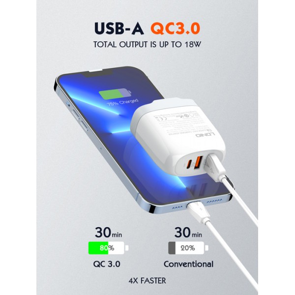 LDNIO φορτιστής τοίχου A3511Q με καλώδιο, USB-C/2x USB, 65W, GaN, λευκός LDNIO φορτιστής τοίχου A3511Q με καλώδιο, USB-C/2x USB, 65W, GaN, λευκός