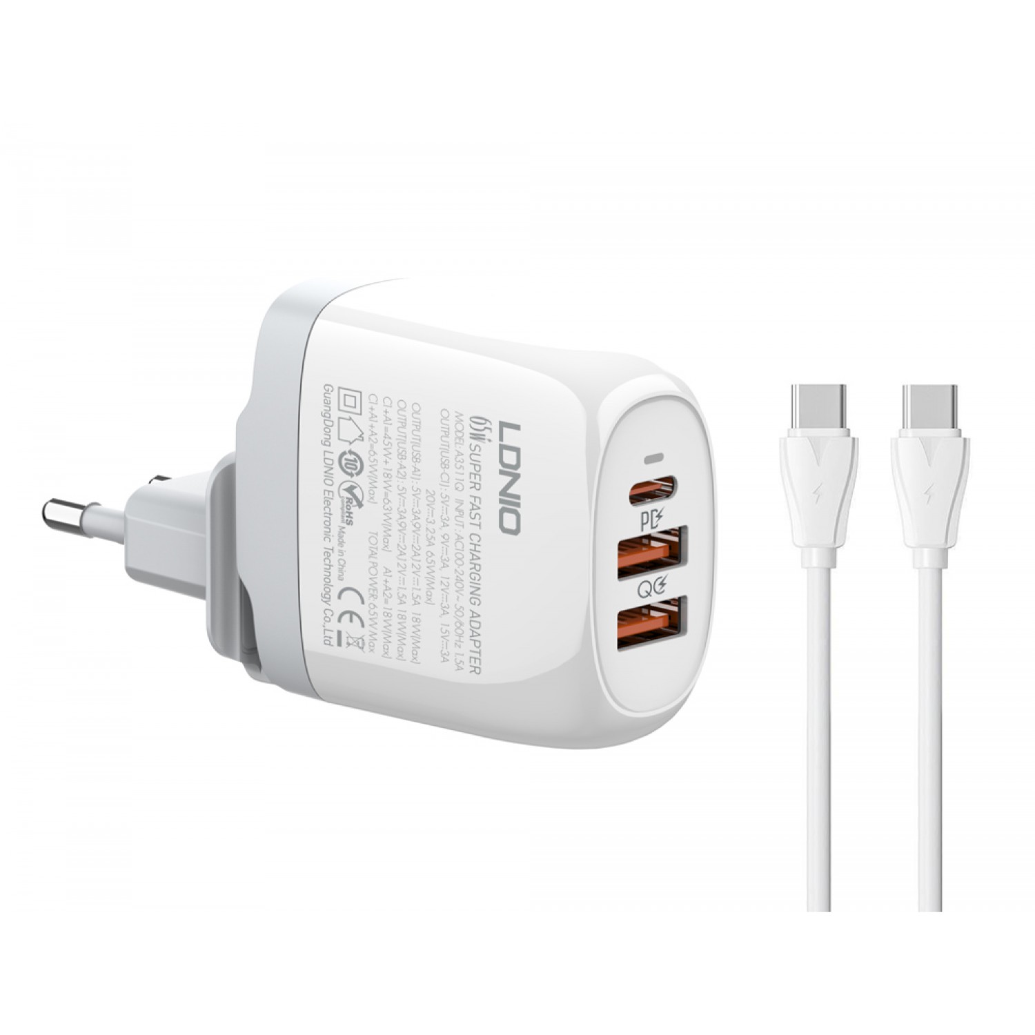 LDNIO φορτιστής τοίχου A3511Q με καλώδιο, USB-C/2x USB, 65W, GaN, λευκός LDNIO φορτιστής τοίχου A3511Q με καλώδιο, USB-C/2x USB, 65W, GaN, λευκός