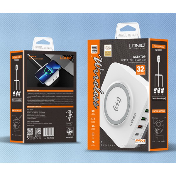 LDNIO σταθμός φόρτισης AW004, USB-C/3x USB/wireless, 32W, PD/QC, λευκός LDNIO σταθμός φόρτισης AW004, USB-C/3x USB/wireless, 32W, PD/QC, λευκός