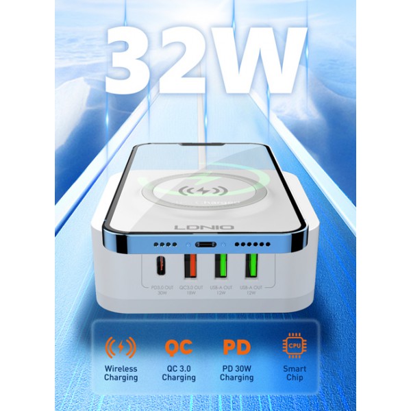 LDNIO σταθμός φόρτισης AW004, USB-C/3x USB/wireless, 32W, PD/QC, λευκός LDNIO σταθμός φόρτισης AW004, USB-C/3x USB/wireless, 32W, PD/QC, λευκός