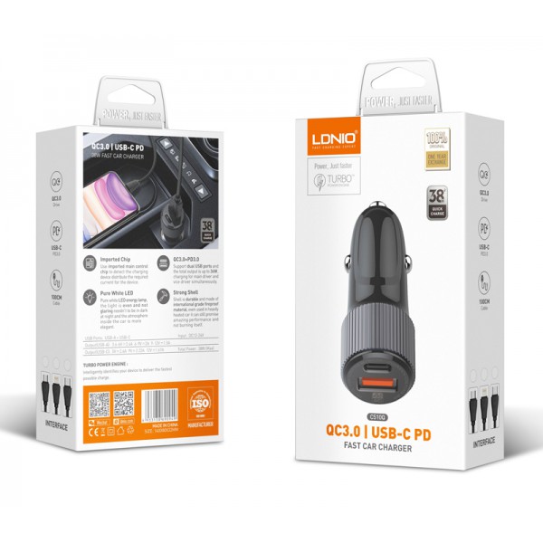LDNIO φορτιστής αυτοκινήτου C510Q με καλώδιο, USB & USB-C, 38W, μαύρος LDNIO φορτιστής αυτοκινήτου C510Q με καλώδιο, USB & USB-C, 38W, μαύρος