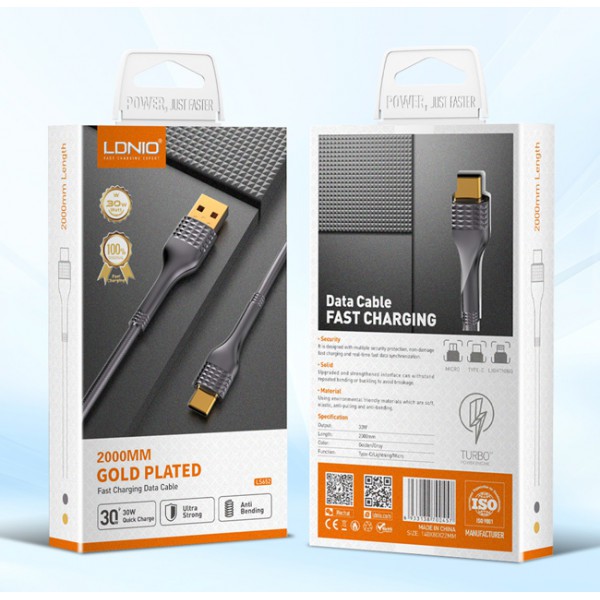 LDNIO καλώδιο Ligntining σε USB LS652, 30W, 2m, γκρι LDNIO καλώδιο Ligntining σε USB LS652, 30W, 2m, γκρι