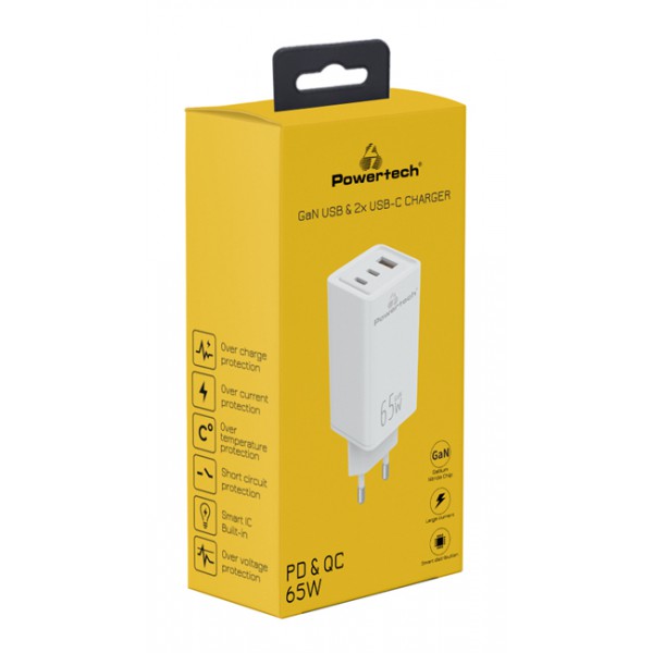 POWERTECH φορτιστής τοίχου PT-1094, USB & 2x USB-C, 65W, GaN, λευκός POWERTECH φορτιστής τοίχου PT-1094, USB & 2x USB-C, 65W, GaN, λευκός