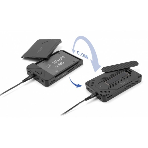 DELOCK θήκη για M.2 & 2.5" SATA SSD/HDD 42020, USB-C, λειτουργία κλώνου DELOCK θήκη για M.2 & 2.5" SATA SSD/HDD 42020, USB-C, λειτουργία κλώνου