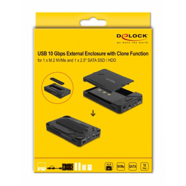 DELOCK θήκη για M.2 & 2.5" SATA SSD/HDD 42020, USB-C, λειτουργία κλώνου DELOCK θήκη για M.2 & 2.5" SATA SSD/HDD 42020, USB-C, λειτουργία κλώνου