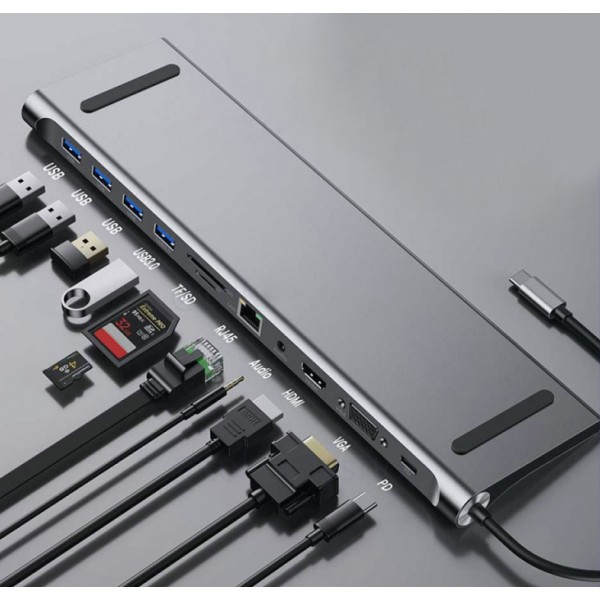 POWERTECH docking station BYL-2003, 11 θυρών, βάση laptop, USB-C, γκρι POWERTECH docking station BYL-2003, 11 θυρών, βάση laptop, USB-C, γκρι