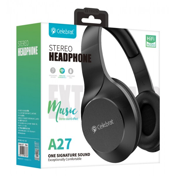 CELEBRAT headphones A27, wireless & wired, Bluetooth 5.3, Φ40mm, μαύρα CELEBRAT headphones A27, wireless & wired, Bluetooth 5.3, Φ40mm, μαύρα