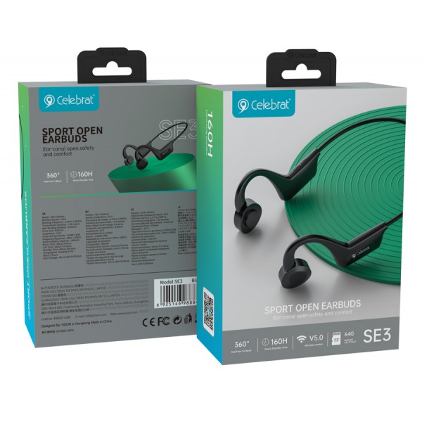 CELEBRAT open earphones SE3, Bluetooth 5.0, 180mAh, Φ16mm, μαύρα CELEBRAT open earphones SE3, Bluetooth 5.0, 180mAh, Φ16mm, μαύρα