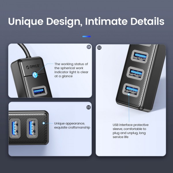ORICO USB hub PW7U-U3, 7x θυρών, 5Gbps, USB σύνδεση, 50cm, μαύρο