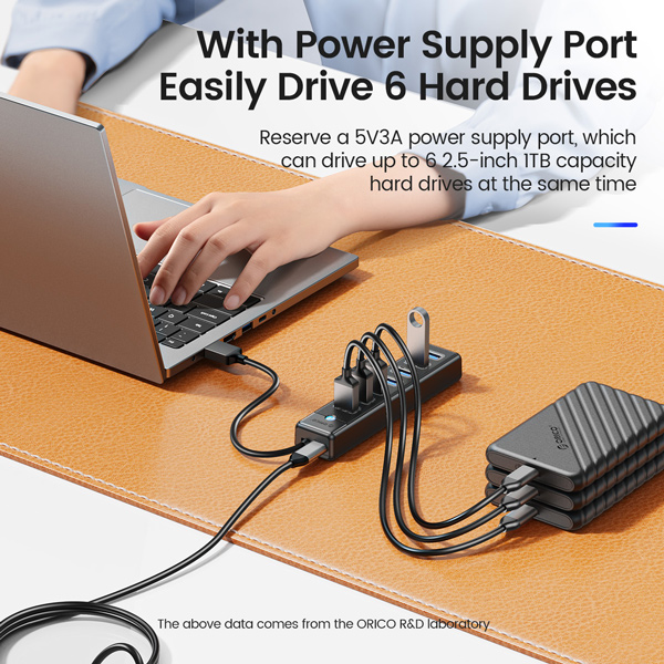 ORICO USB hub PW7U-U3, 7x θυρών, 5Gbps, USB σύνδεση, 50cm, μαύρο