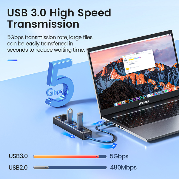 ORICO USB hub PW7U-U3, 7x θυρών, 5Gbps, USB σύνδεση, 50cm, μαύρο