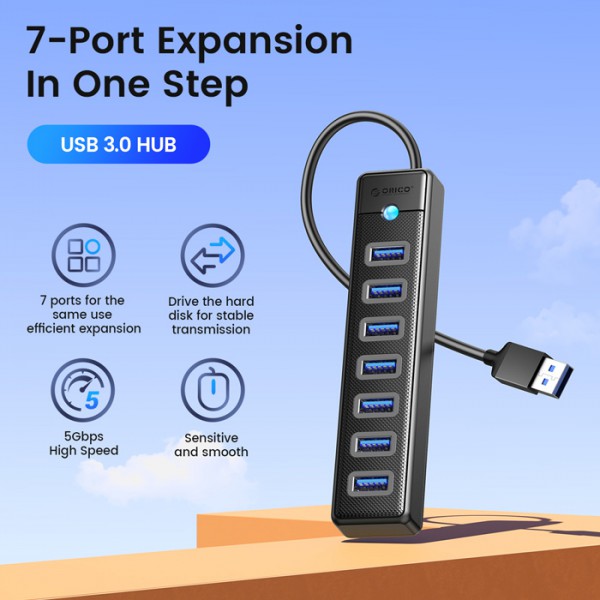 ORICO USB hub PW7U-U3, 7x θυρών, 5Gbps, USB σύνδεση, 50cm, μαύρο