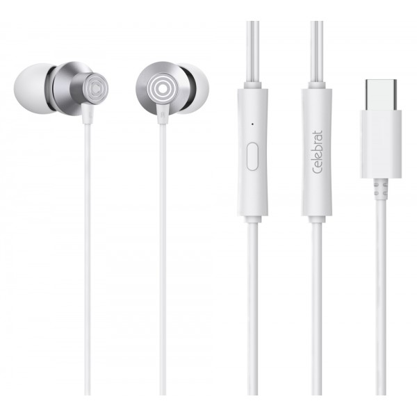CELEBRAT earphones με μικρόφωνο D15, USB-C, 1.2m, λευκά CELEBRAT earphones με μικρόφωνο D15, USB-C, 1.2m, λευκά