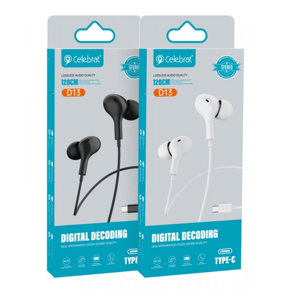 CELEBRAT earphones με μικρόφωνο D13, USB-C, 1.2m, λευκά