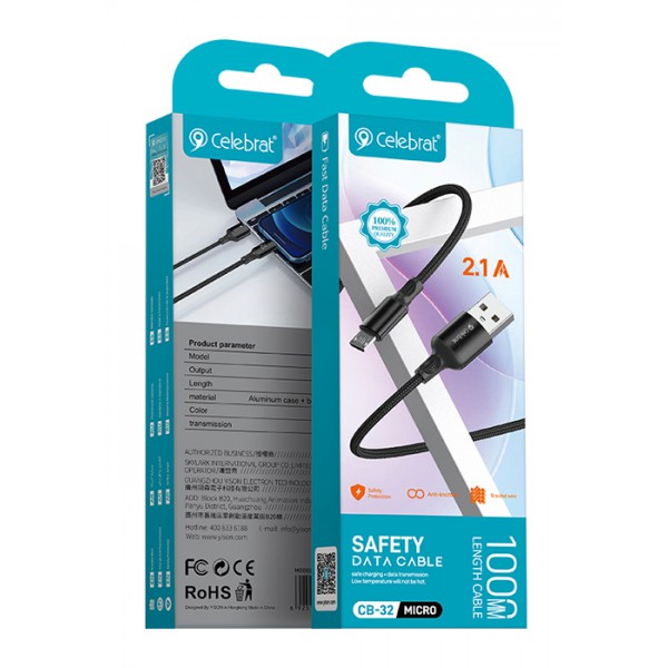 CELEBRAT καλώδιο Micro USB σε USB CB-32, 2.1A, 1m, μαύρο CELEBRAT καλώδιο Micro USB σε USB CB-32, 2.1A, 1m, μαύρο