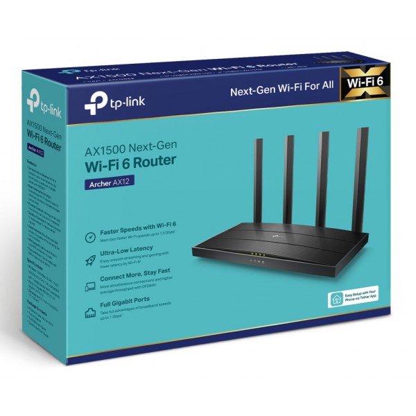 TP-LINK Router Archer AX12, WiFi 6, 1.5Gbps AX1500, Dual Band, Ver. 1.0 TP-LINK Router Archer AX12, WiFi 6, 1.5Gbps AX1500, Dual Band, Ver. 1.0